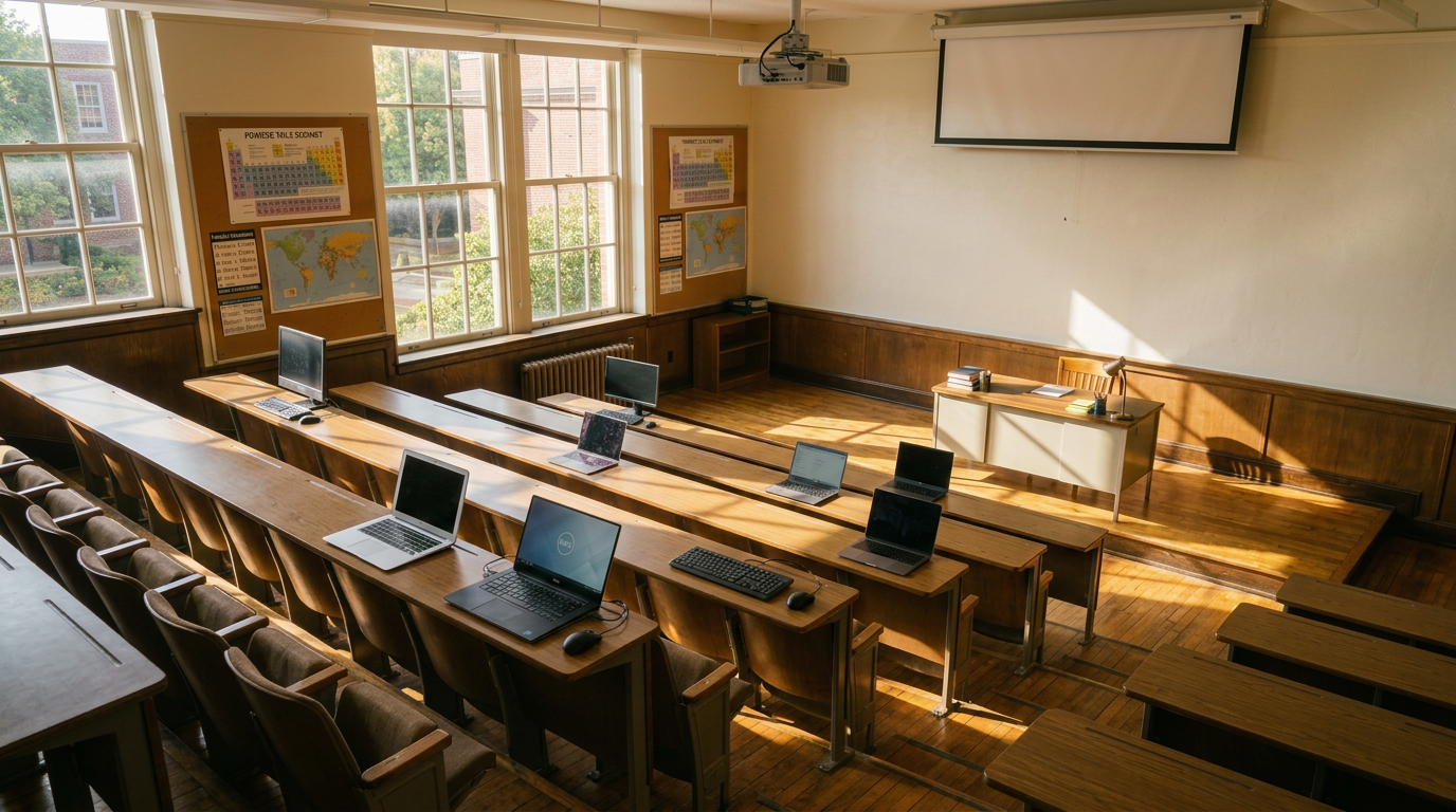 Empty classroom with wooden desks, large windows, and a blackboard with math and history notes