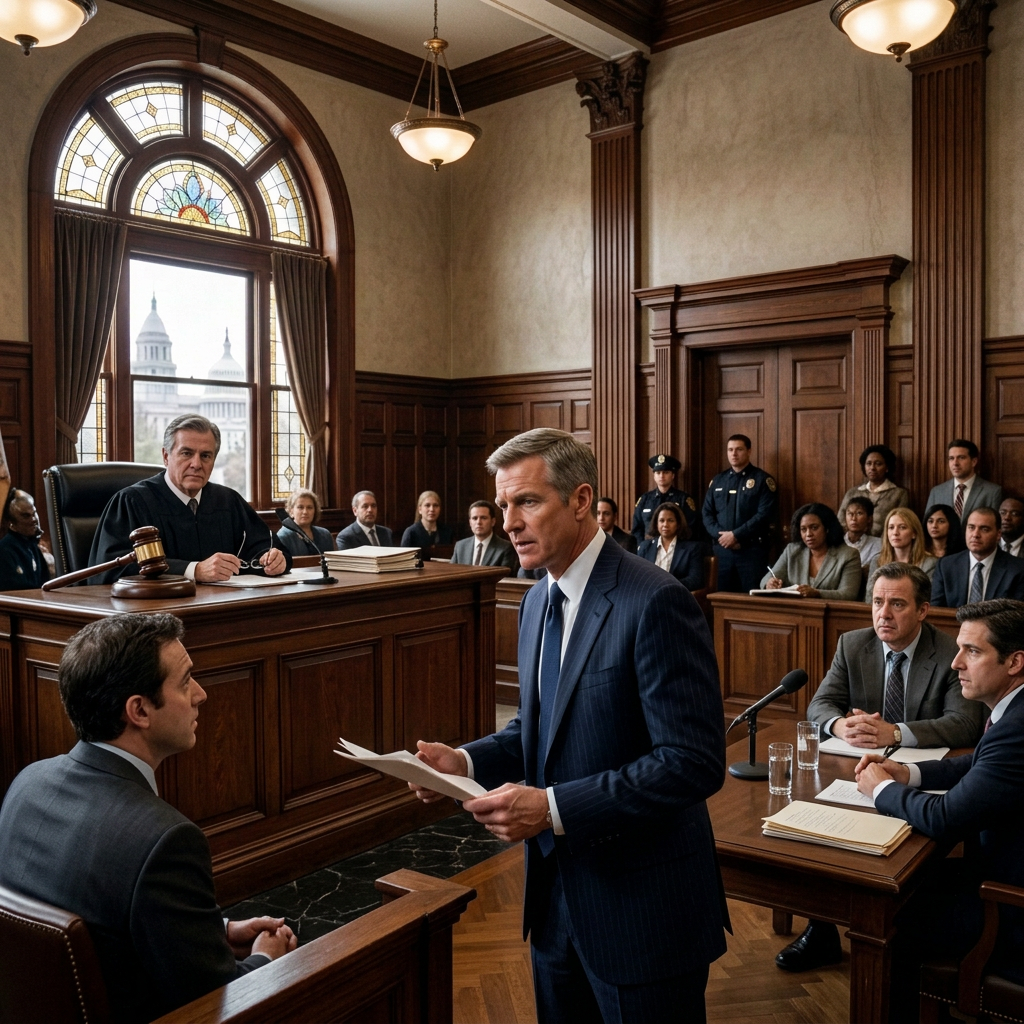 Lawyer presenting documents to seated defendant in a courtroom with judge and jury